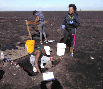 Students Kierra Lee, Deja Moore and Ervin Petithomme excavating at the Hutchinson site