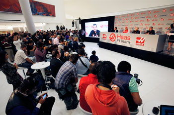 A general view of the press conference with  (L-R) Carlos Slim Jr, Team Sponsor, Esteban Gutierrez, Gene Haas, founder and chairman and Guenther Steiner of Haas F1 Team during their driver announcement on October 30, 2015 in Mexico City, Mexico. (Photo by Andrew Hone/Getty Images for Haas)